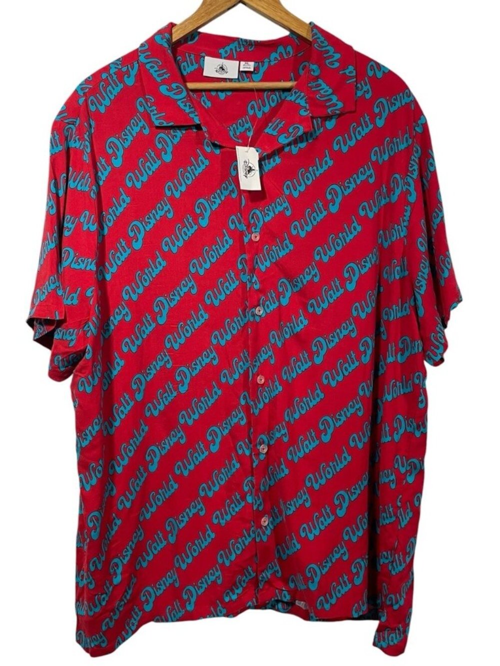 Disney Parks Mens Short-Sleeve Button Up  All Over Print Shirt Red Blue XL NEW